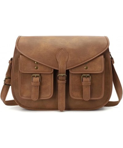 SULCET Crossbody Bag for Women Leather Shoulder Bag Roomy Saddle Purse Multi Pockets Messenger Satchel Brown $25.44 Satchels