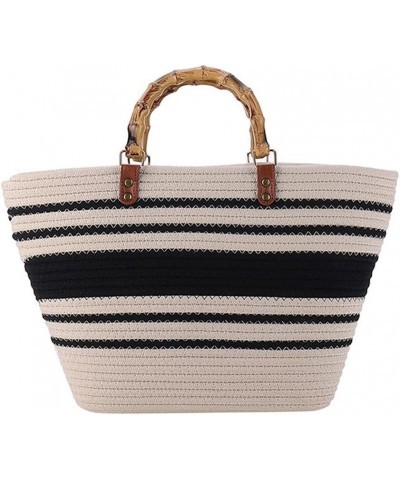 Large Capacity Tote Bag for Women Hand-Woven Straw Bag with Plastic Handle Woven Summer Tote Handbag Travel Beach White-black...