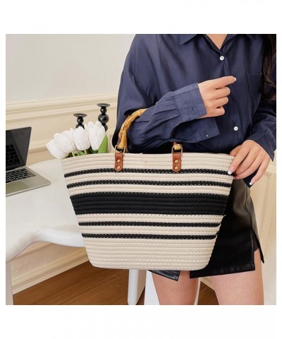 Large Capacity Tote Bag for Women Hand-Woven Straw Bag with Plastic Handle Woven Summer Tote Handbag Travel Beach White-black...