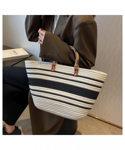 Large Capacity Tote Bag for Women Hand-Woven Straw Bag with Plastic Handle Woven Summer Tote Handbag Travel Beach White-black...