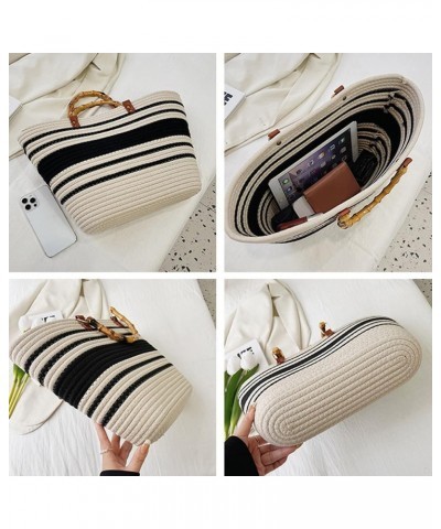 Large Capacity Tote Bag for Women Hand-Woven Straw Bag with Plastic Handle Woven Summer Tote Handbag Travel Beach White-black...