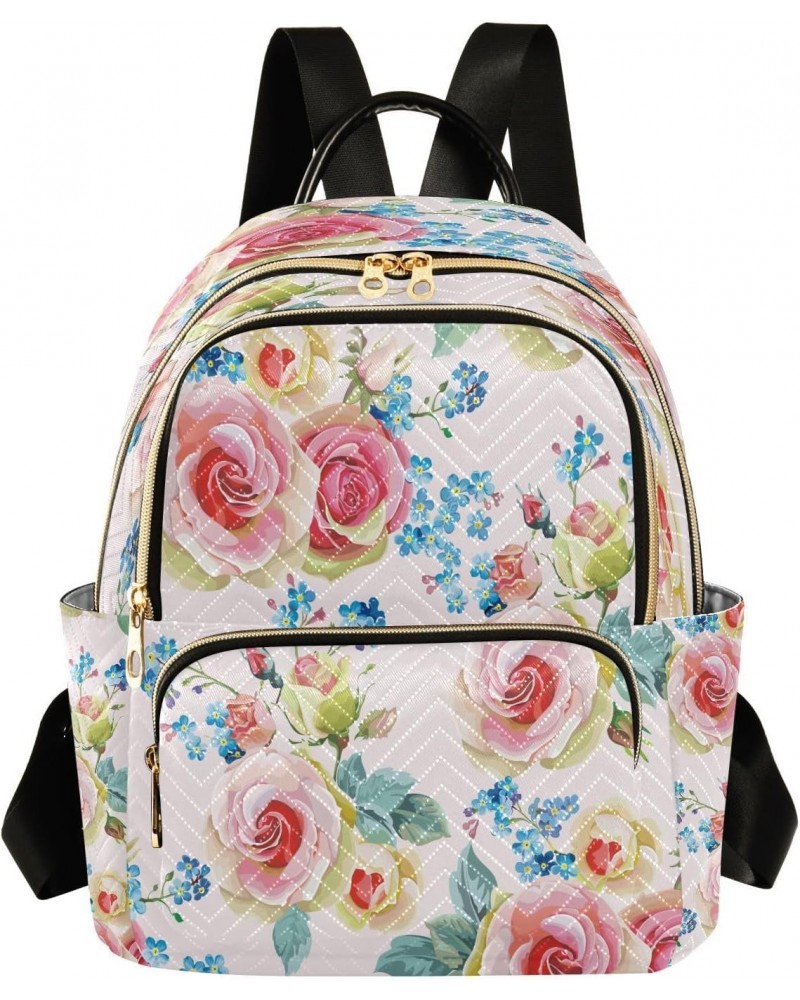 Pink Rose & Blue Flower Floral Backpack for Women Purse Bag Travel Handbag Shoulder Bag $18.89 Backpacks