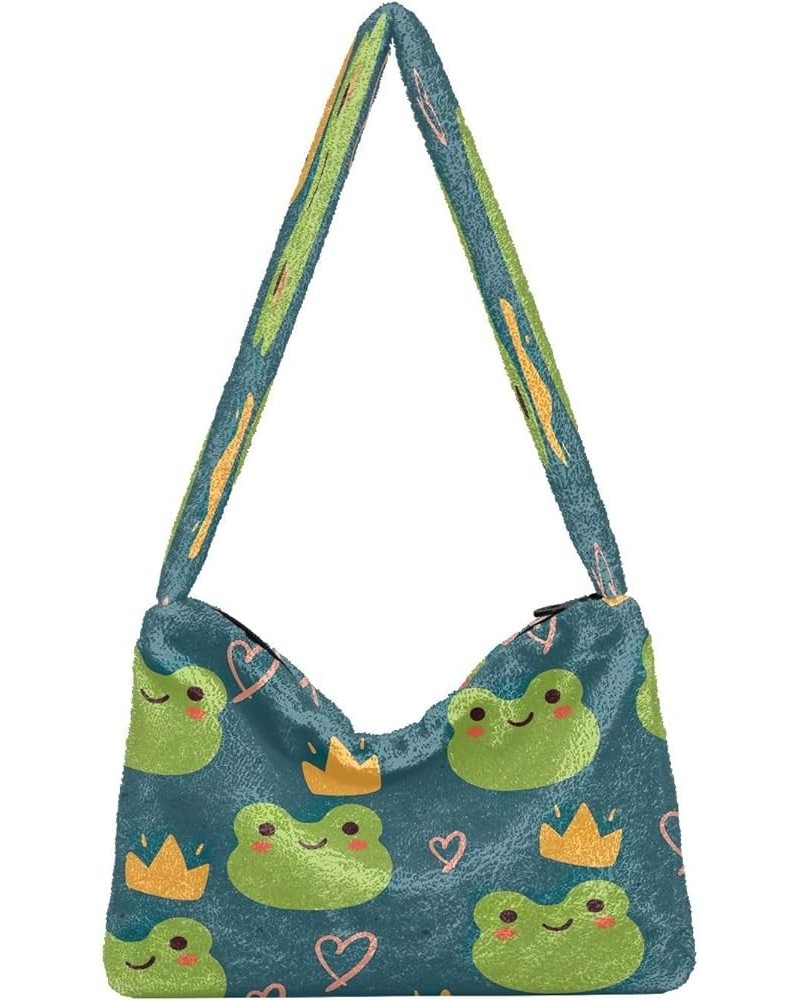 Floral Printed Colorful Girls Ladies Hobo Handbag, Fluffy Tote Purse Shoulder Bag Cartoon Frog Cute Animal $8.82 Shoulder Bags