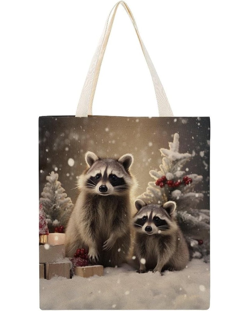 Canvas Tote Bag Funny Cute Raccoon Economical Cotton Tote Bag Raccoon Christmas Snow Winter Raccoons Grocery Bags Totebag $11...