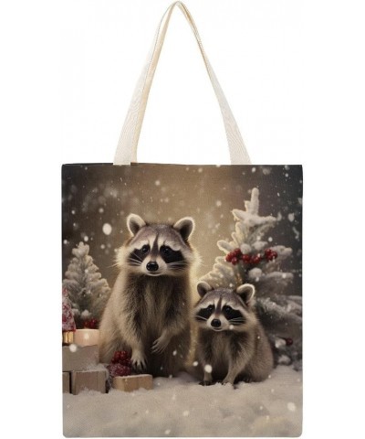 Canvas Tote Bag Funny Cute Raccoon Economical Cotton Tote Bag Raccoon Christmas Snow Winter Raccoons Grocery Bags Totebag $11...