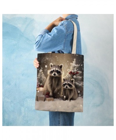 Canvas Tote Bag Funny Cute Raccoon Economical Cotton Tote Bag Raccoon Christmas Snow Winter Raccoons Grocery Bags Totebag $11...