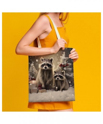 Canvas Tote Bag Funny Cute Raccoon Economical Cotton Tote Bag Raccoon Christmas Snow Winter Raccoons Grocery Bags Totebag $11...