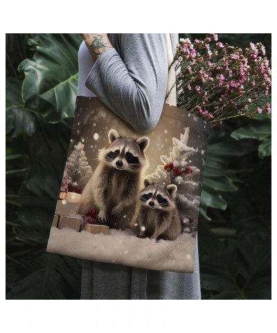 Canvas Tote Bag Funny Cute Raccoon Economical Cotton Tote Bag Raccoon Christmas Snow Winter Raccoons Grocery Bags Totebag $11...