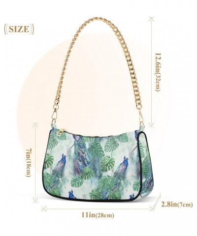 Watercolor Peacock Leaves Women Shoulder Bag Clutch Chain Purse Handbags with Zipper Pocket Tote Hobo Bag for Shopping Trip $...