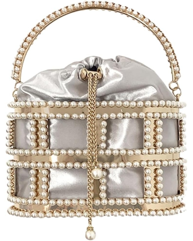 Elegant Metal Clutch Purses Pearl Top Handle Bucket Bag Rhinestone Evening Handbag for Women Wedding Party Prom Silver $19.79...