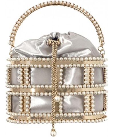 Elegant Metal Clutch Purses Pearl Top Handle Bucket Bag Rhinestone Evening Handbag for Women Wedding Party Prom Silver $19.79...