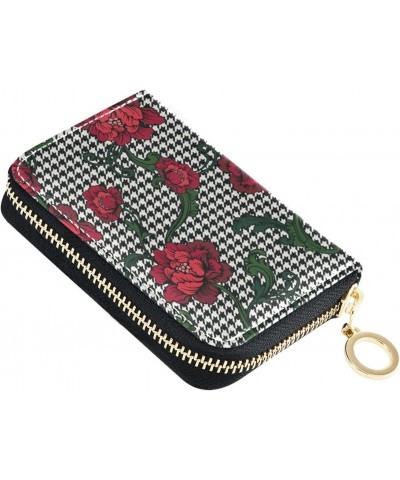 RFID Credit Card Holder Rose Hound's Teeth Checker Leather With Zipper Card Case Wallet for Women Girls $11.20 Wallets