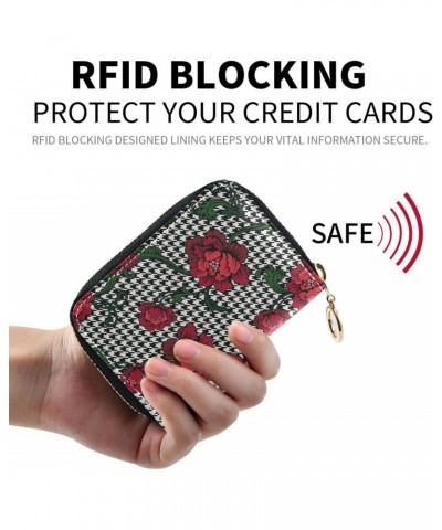 RFID Credit Card Holder Rose Hound's Teeth Checker Leather With Zipper Card Case Wallet for Women Girls $11.20 Wallets