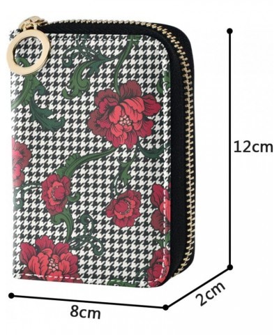 RFID Credit Card Holder Rose Hound's Teeth Checker Leather With Zipper Card Case Wallet for Women Girls $11.20 Wallets