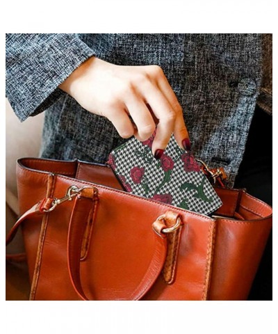 RFID Credit Card Holder Rose Hound's Teeth Checker Leather With Zipper Card Case Wallet for Women Girls $11.20 Wallets