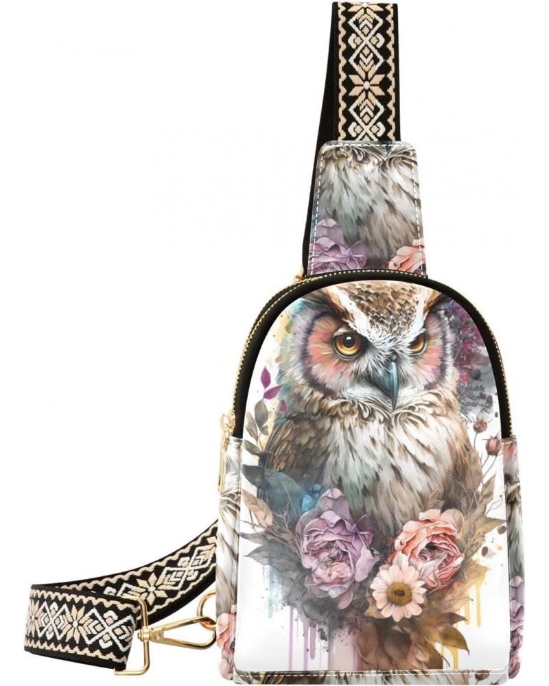 Flower and Owl Print Women Sling Bag with Adjustable Strap Zipper Closure, PU Leather Water Resistant Crossbody Bag Purse Che...