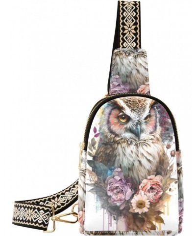 Flower and Owl Print Women Sling Bag with Adjustable Strap Zipper Closure, PU Leather Water Resistant Crossbody Bag Purse Che...