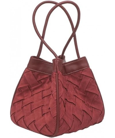 Women Velvet Bucket Bag Solid Color Woven Bride Purse Lightweight Handbag Handwoven Satchel Bag, Brown Red $44.81 Totes