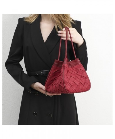 Women Velvet Bucket Bag Solid Color Woven Bride Purse Lightweight Handbag Handwoven Satchel Bag, Brown Red $44.81 Totes