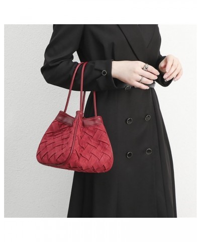 Women Velvet Bucket Bag Solid Color Woven Bride Purse Lightweight Handbag Handwoven Satchel Bag, Brown Red $44.81 Totes