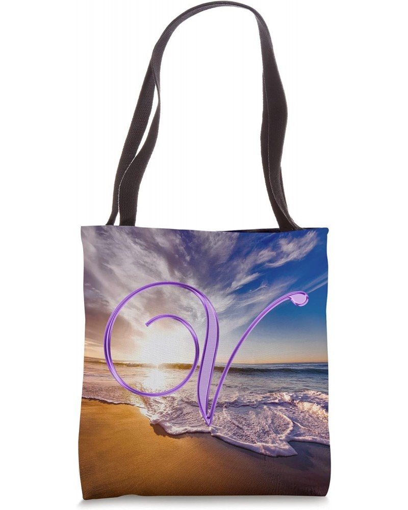 V Purple Beach Ocean Sunset Sand Wave Initial Letter Name Tote Bag $11.36 Totes