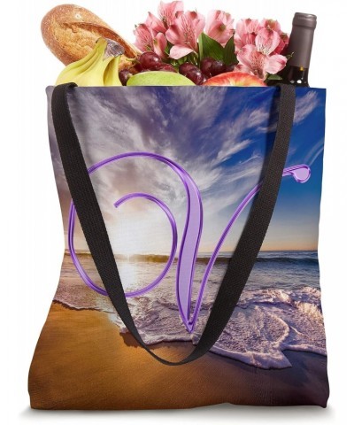 V Purple Beach Ocean Sunset Sand Wave Initial Letter Name Tote Bag $11.36 Totes