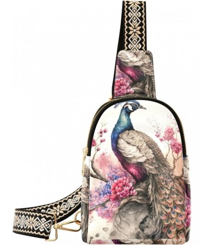 Vintage Peacock Floral Print Women Sling Bag with Adjustable Strap Zipper Closure, PU Leather Water Resistant Crossbody Bag P...