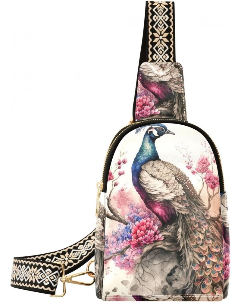 Vintage Peacock Floral Print Women Sling Bag with Adjustable Strap Zipper Closure, PU Leather Water Resistant Crossbody Bag P...