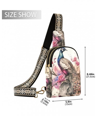 Vintage Peacock Floral Print Women Sling Bag with Adjustable Strap Zipper Closure, PU Leather Water Resistant Crossbody Bag P...