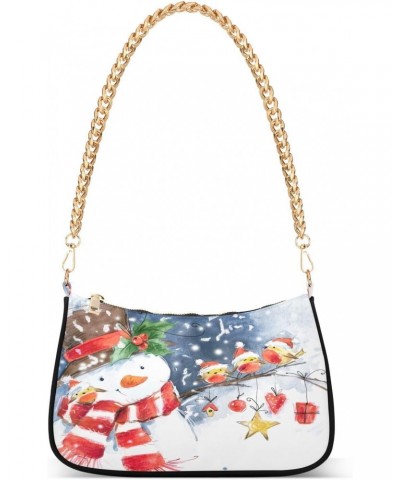 Watercolor Snowman and Cute Bird Shoulder Handbags for Women Travel Hobo Tote Handbag Women Gold Chain Shoulder Bags Purse wi...