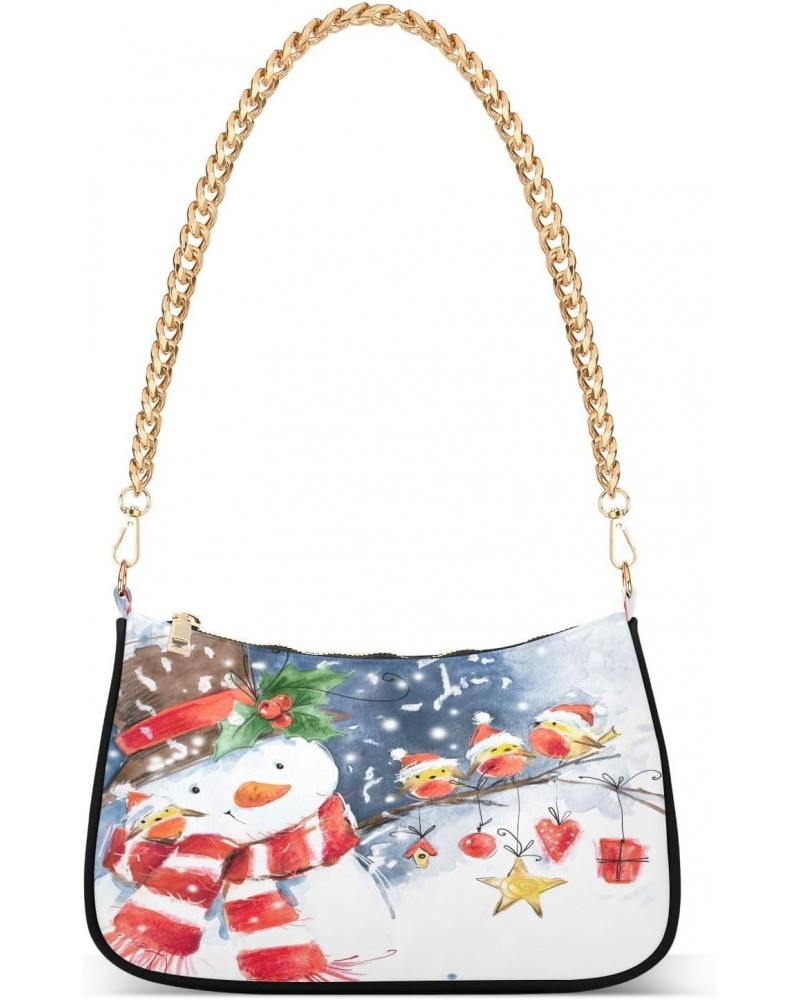 Watercolor Snowman and Cute Bird Shoulder Handbags for Women Travel Hobo Tote Handbag Women Gold Chain Shoulder Bags Purse wi...