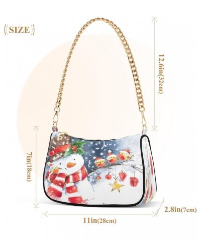 Watercolor Snowman and Cute Bird Shoulder Handbags for Women Travel Hobo Tote Handbag Women Gold Chain Shoulder Bags Purse wi...