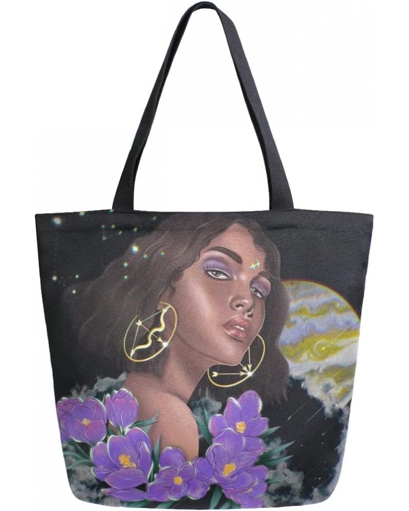 African American Afro Girl Zodiac Flower Large Canvas Tote Bag Shopping Shoulder Handbag with Small Zippered Pocket $12.53 Totes