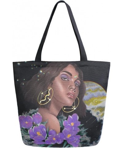 African American Afro Girl Zodiac Flower Large Canvas Tote Bag Shopping Shoulder Handbag with Small Zippered Pocket $12.53 Totes