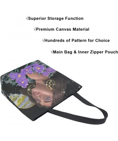 African American Afro Girl Zodiac Flower Large Canvas Tote Bag Shopping Shoulder Handbag with Small Zippered Pocket $12.53 Totes