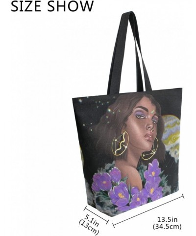 African American Afro Girl Zodiac Flower Large Canvas Tote Bag Shopping Shoulder Handbag with Small Zippered Pocket $12.53 Totes