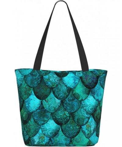 Women Shoulder Bag Dark-Teal-Dragon-Scales Foldable Tote Bag With Zipper Closure Casual Shopping Purse Daily Bag $16.03 Totes