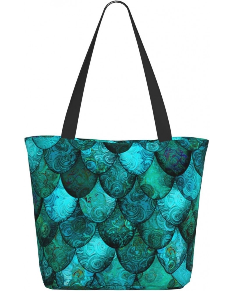 Women Shoulder Bag Dark-Teal-Dragon-Scales Foldable Tote Bag With Zipper Closure Casual Shopping Purse Daily Bag $16.03 Totes