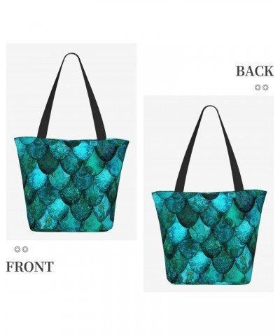 Women Shoulder Bag Dark-Teal-Dragon-Scales Foldable Tote Bag With Zipper Closure Casual Shopping Purse Daily Bag $16.03 Totes