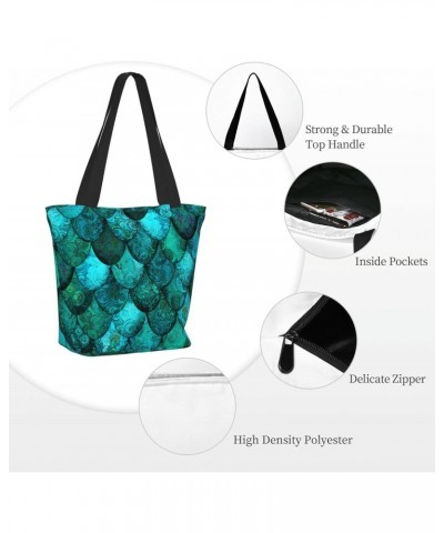 Women Shoulder Bag Dark-Teal-Dragon-Scales Foldable Tote Bag With Zipper Closure Casual Shopping Purse Daily Bag $16.03 Totes