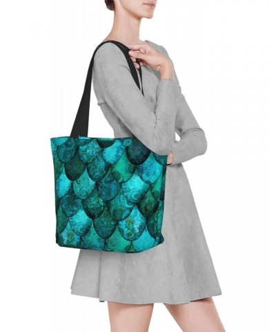 Women Shoulder Bag Dark-Teal-Dragon-Scales Foldable Tote Bag With Zipper Closure Casual Shopping Purse Daily Bag $16.03 Totes