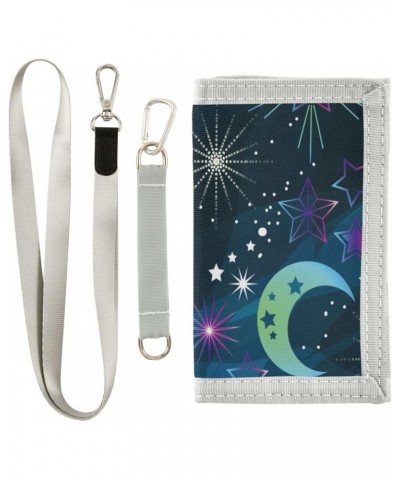 Space Moon and Stars Trifold Wallet Fabric Wallet Small Nylon Wallet Card Wallet with Lanyard $9.00 Wallets