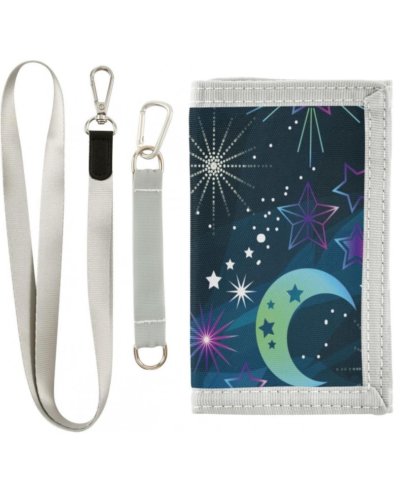 Space Moon and Stars Trifold Wallet Fabric Wallet Small Nylon Wallet Card Wallet with Lanyard $9.00 Wallets