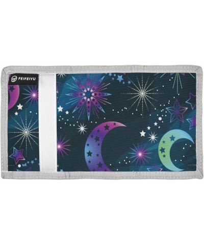 Space Moon and Stars Trifold Wallet Fabric Wallet Small Nylon Wallet Card Wallet with Lanyard $9.00 Wallets