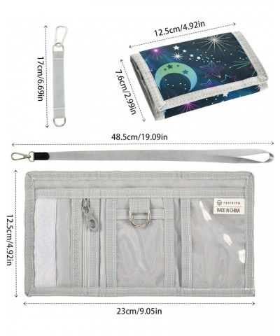 Space Moon and Stars Trifold Wallet Fabric Wallet Small Nylon Wallet Card Wallet with Lanyard $9.00 Wallets