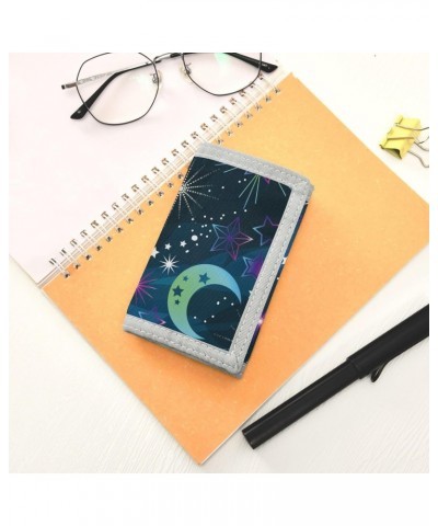 Space Moon and Stars Trifold Wallet Fabric Wallet Small Nylon Wallet Card Wallet with Lanyard $9.00 Wallets