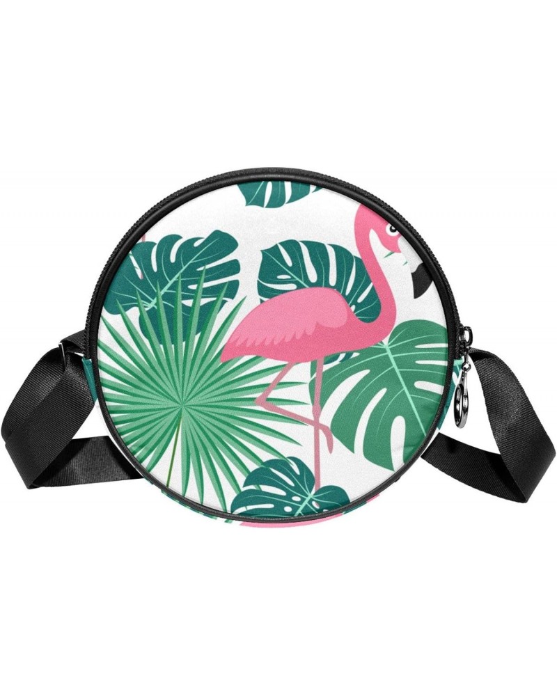 Flamingo Tropical Palm Jungle Monstera Leaves Crossbody Bag for Women Teen Girls Round Canvas Shoulder Bag Purse Tote Handbag...