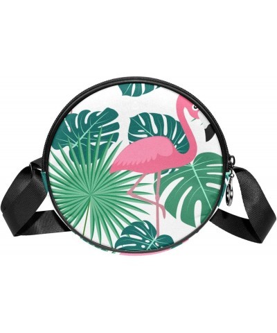 Flamingo Tropical Palm Jungle Monstera Leaves Crossbody Bag for Women Teen Girls Round Canvas Shoulder Bag Purse Tote Handbag...