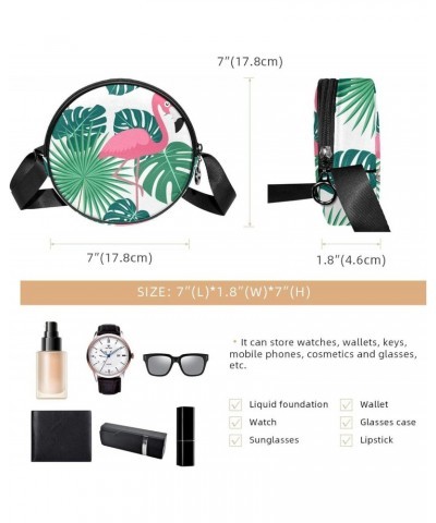 Flamingo Tropical Palm Jungle Monstera Leaves Crossbody Bag for Women Teen Girls Round Canvas Shoulder Bag Purse Tote Handbag...