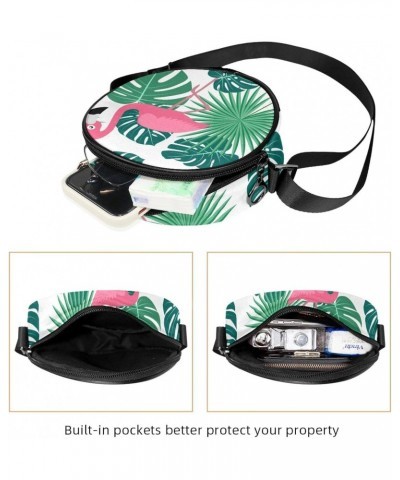 Flamingo Tropical Palm Jungle Monstera Leaves Crossbody Bag for Women Teen Girls Round Canvas Shoulder Bag Purse Tote Handbag...